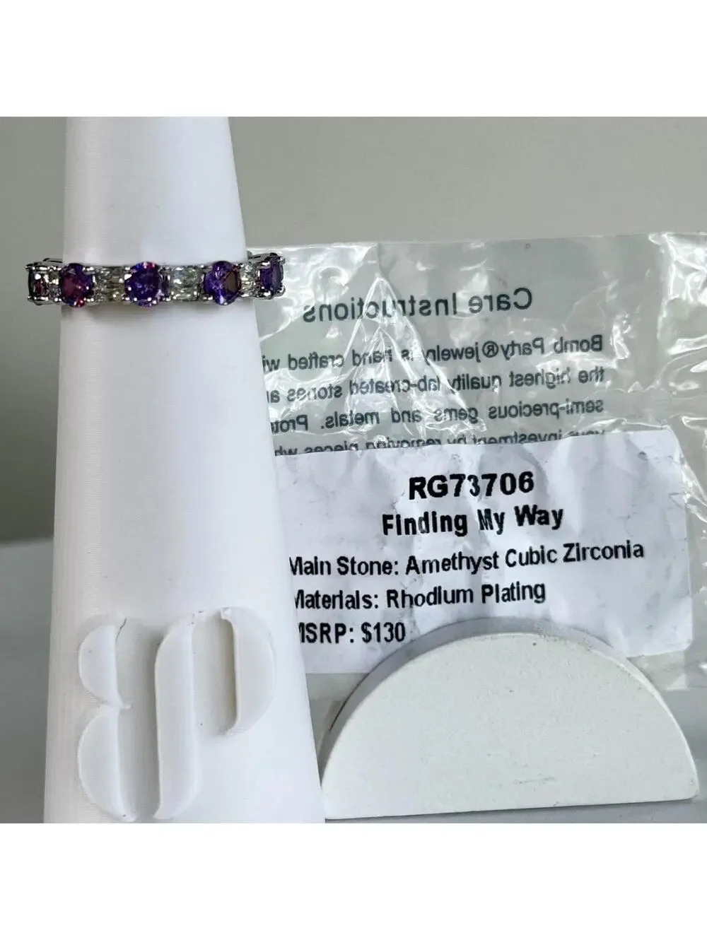 Bomb Party Ring Band RG73706 “FINDING MY WAY” Amethyst CZ on Rhodium - Sz 9